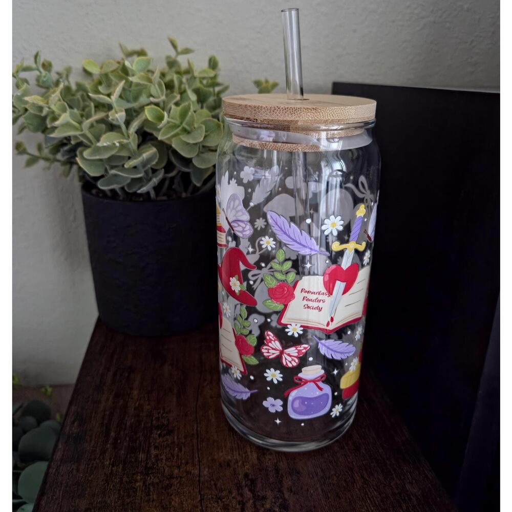 Fantasy Garden Picnic Glass Tumbler, Bookish Dragon Sword Design, Bamboo Lid